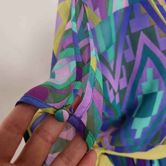 ADRIANNA PAPELL Green Yellow Purple  Geometric Print Cold Shoulder Sleeve Dress - Picture 7 of 11